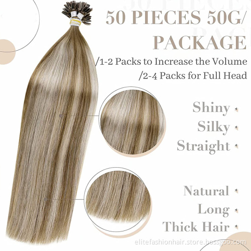 U Tip Human Hair Extensions 100 Strands Keratin Prebonded Nail Tip Long Straight Hair Italian Keratin Glue 16 inch #613